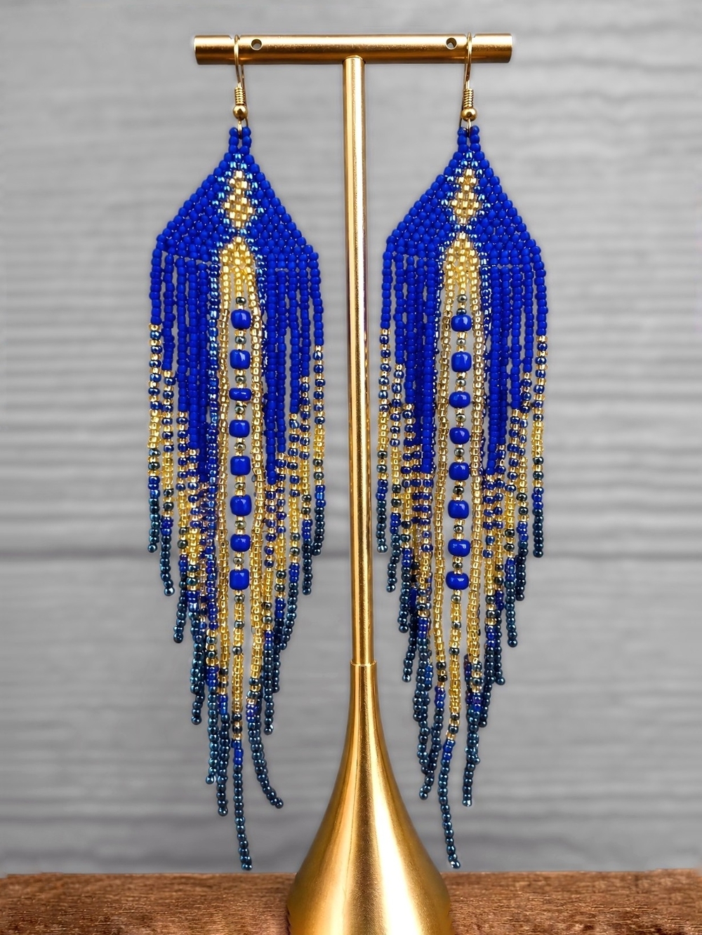 Cobalt Blue Boho Fringe Beaded Earrings Handmade Southwestern Seed Bead Jewelry